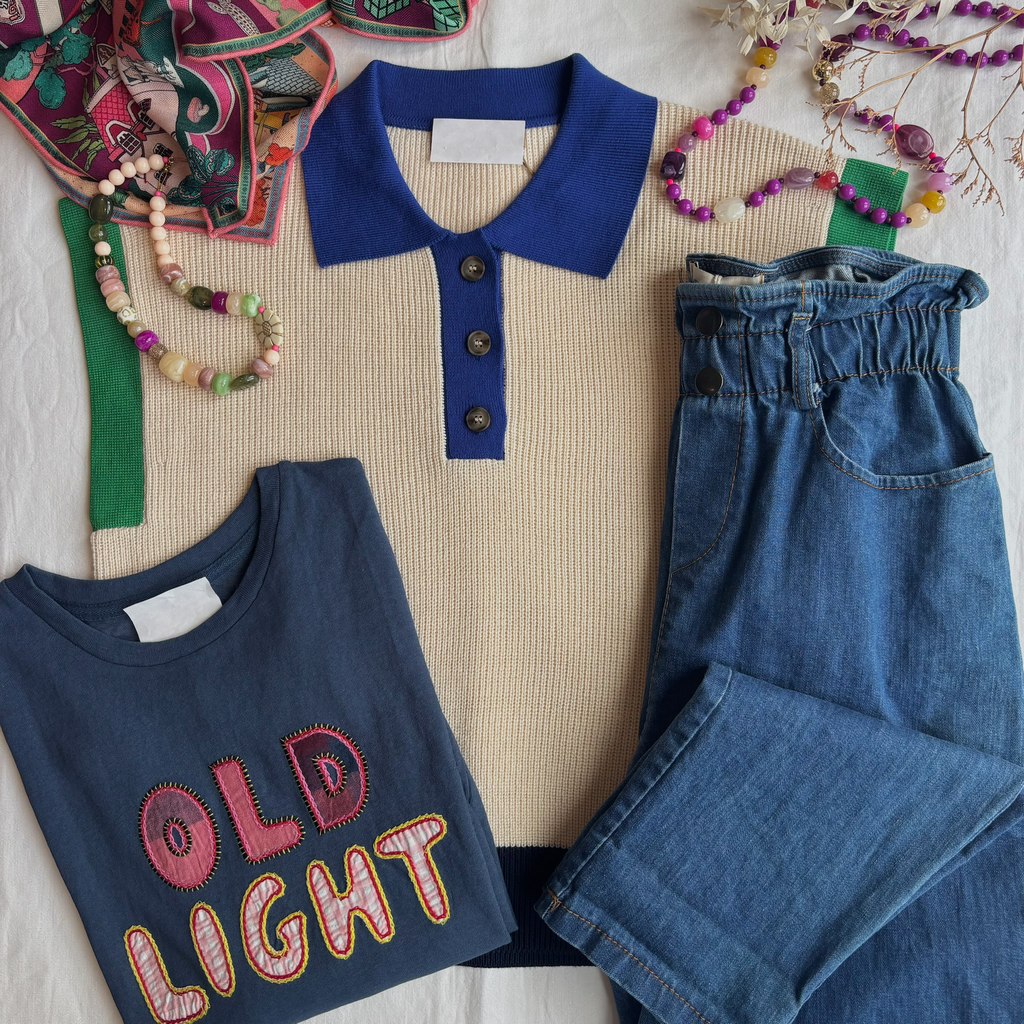 Maille col Polo bleu (S/M)